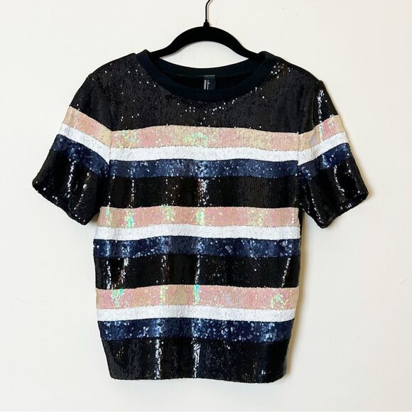 Forever 21 Striped Crewneck Short Sleeve Sequin Top, Size Small - Picture 1 of 6